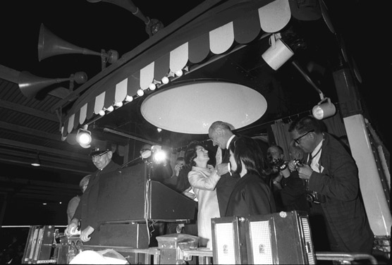 President and Mrs. Johnson on the rear platform of the train used on the Whistle Stop Tour.