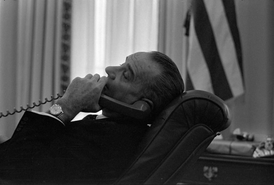 Lyndon Johnson talking on the phone