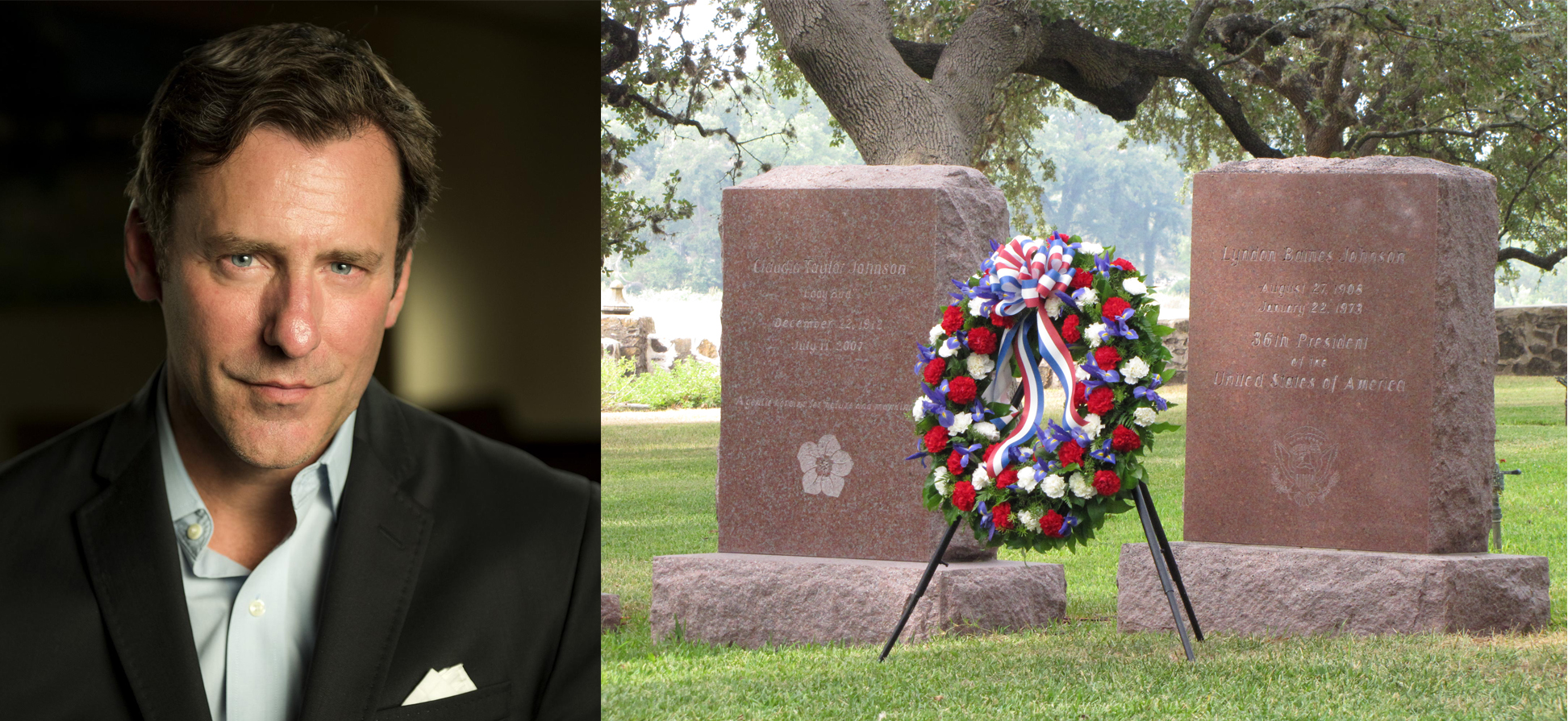 Side-by-side two photos--a middle-aged man in a suit next to a photo of two pink granite headstones with a red, white, and blue floral wreath.