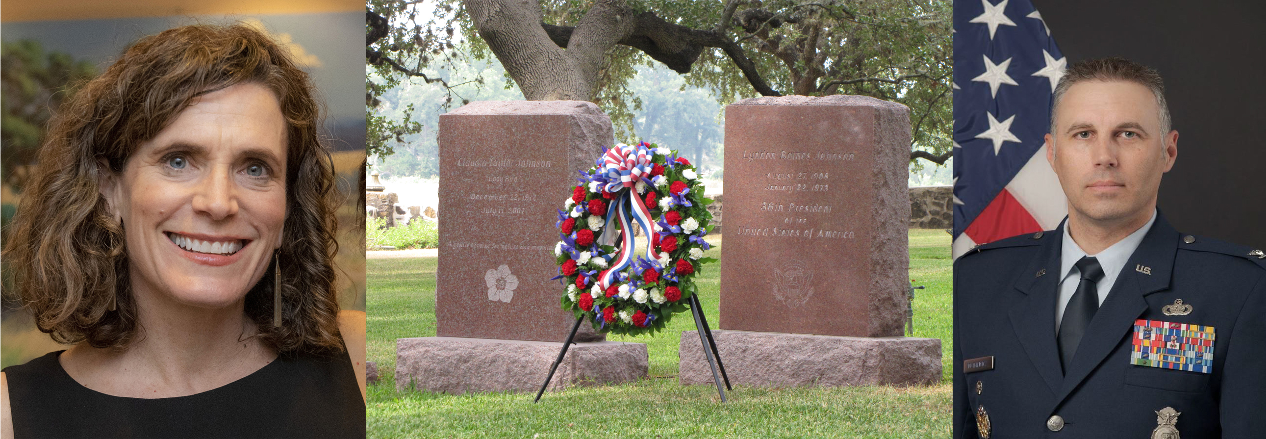 Photo of two pink granite headstones and wreath, bordered on left with portrait of woman, and on right with portrait of man in uniform,