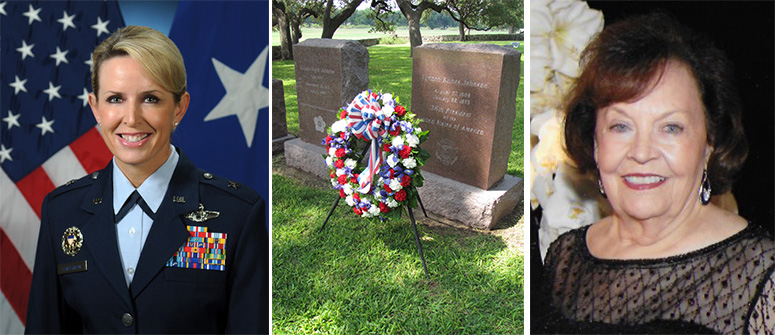 Left to right are photos of General Laura L. Lenderman, a wreath in front of President Johnson's grave, and Shirley James