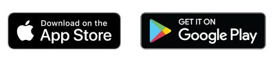 Two black rectangle buttons. One has the Apple company logo and text "Download on the App Store." The other one has the Google Play logo and text "Get it on Google Play."