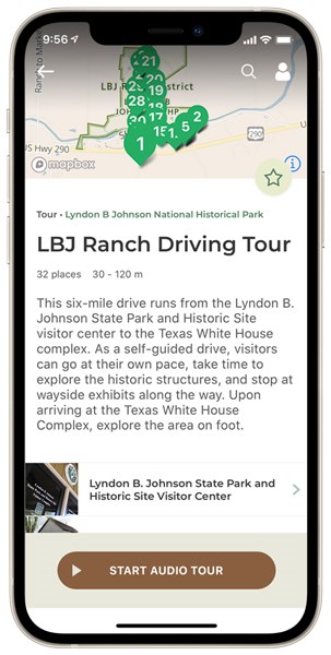 A screenshot of the mobile app showing the first screen of the LBJ Ranch audio driving tour.