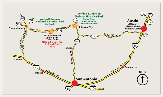 Hill Country Map with LBJ National Historical Park labeled