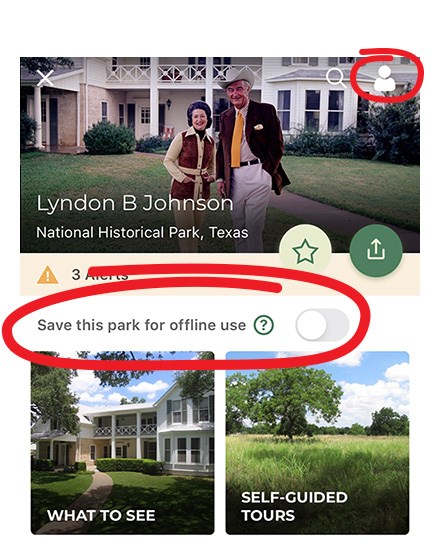 A screenshot of the mobile app with a red circle around the words "Save this park for offline use"