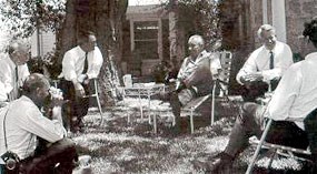 President Johnson holds a meeting on the lawn of the Texas White House