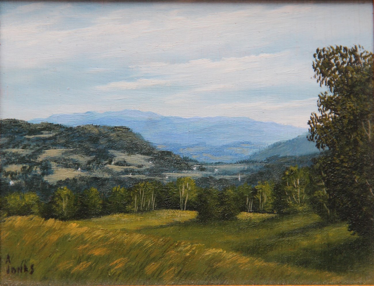 Arthur Jones, MABI 2848, Pawlet View. Oil on panel, 10.6 x 13.0 cm