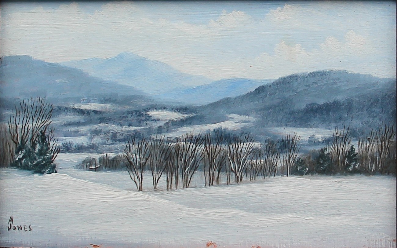 Arthur Jones, MABI 3531, Winter Vista. Oil on acrylic board, 9.4 x 14.4 cm