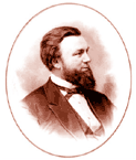 Black and white portrait of middle-aged Frederick Billings, dark-haired, bearded, in dark suit and tie with white shirt, looking off to the right.