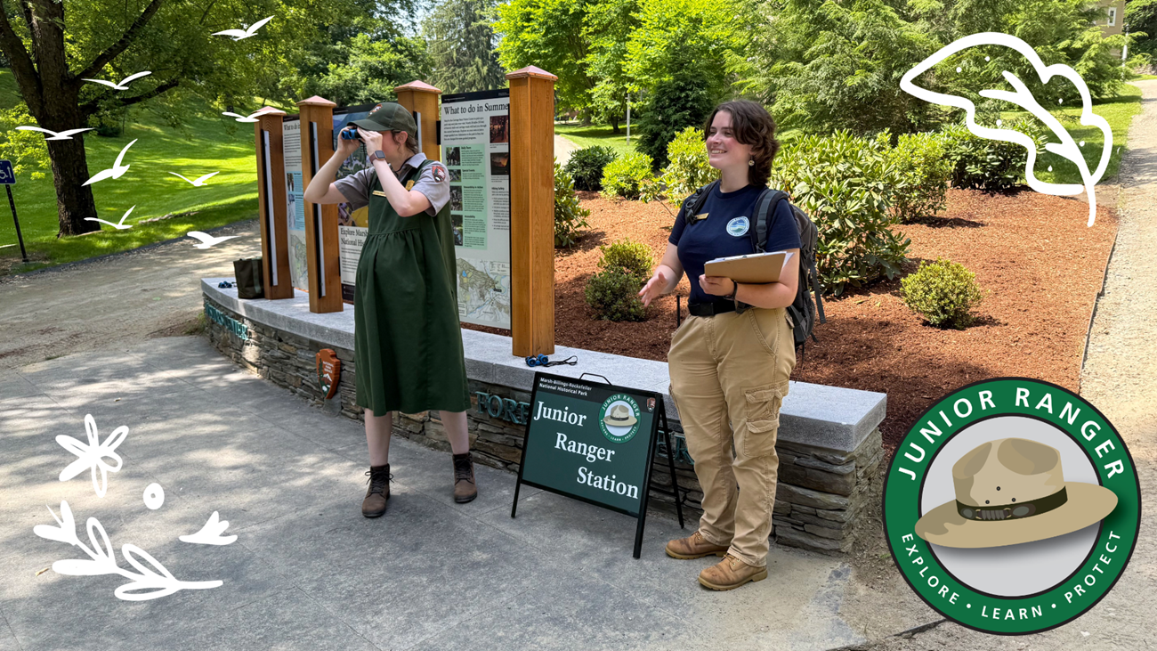 a park ranger looks through binoculars while a park intern carries a clipboard at a park entrance station next to a sign that says "Junior Ranger station" the image has white clip art of leaves and birds, in the corner is the official junior ranger logo
