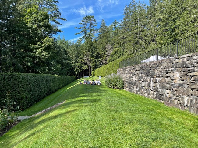 long, narrow lawn with hedges on left and rock wall on right. small group doing yoga on lawn