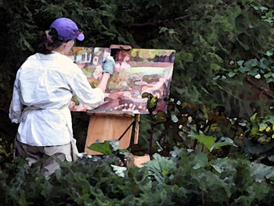 Artist in purple hat painting in MABI garden::Artist in garden - plein air