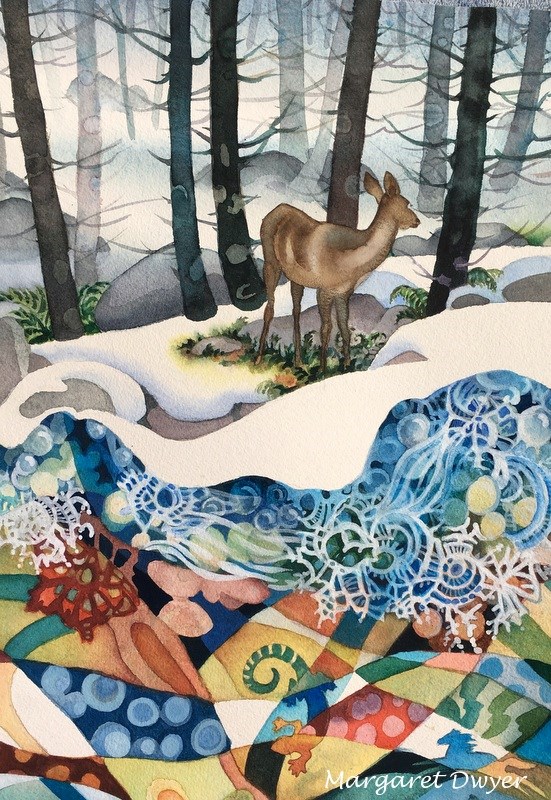 Deer in the forest with cutaway view beneath the snow
Watercolor by Margaret Dwyer