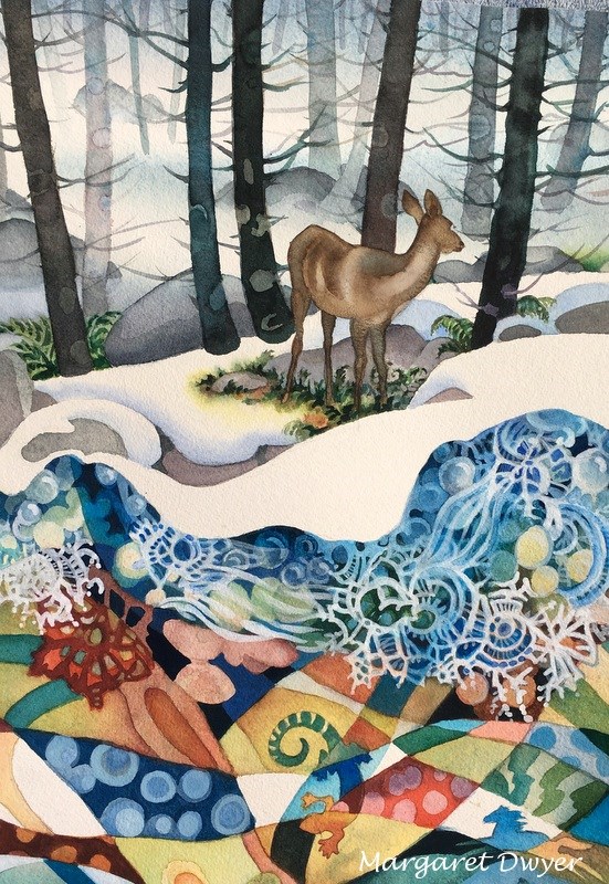 lt= Deer in the forest with cutaway view beneath the snow
Watercolor by Margaret Dwyer