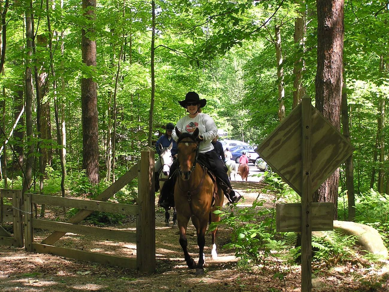 two people on horseback ride through wooden gate on forested trail