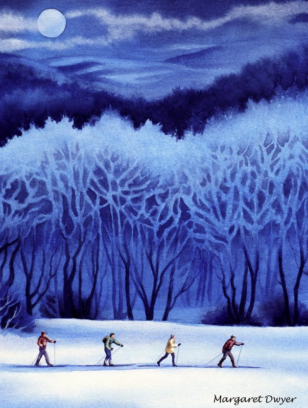 Watercolor skiers in the wintry woods by Margaret Dwyer