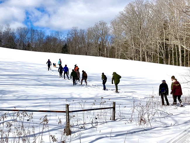 Snowshoers climbing hill @ MABI Winter 2022