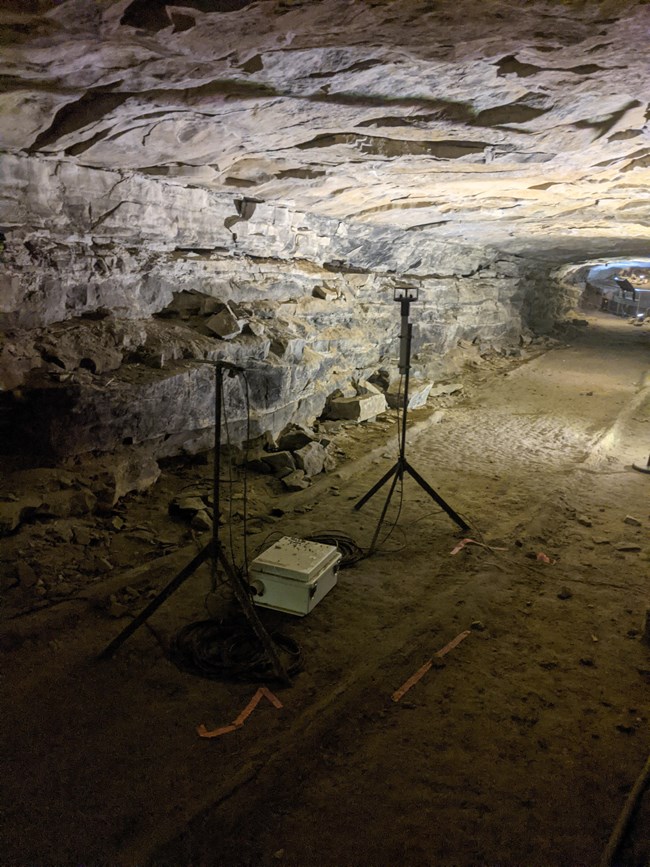 Weather monitoring equipment in a cave passage