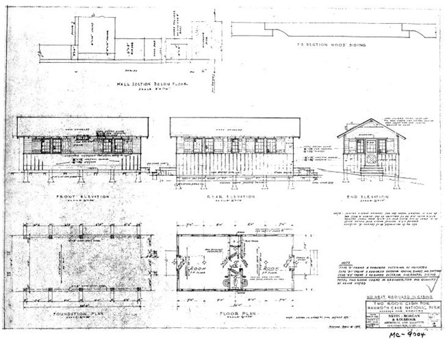 A scan of building designs plans of a two room cabin from the 1930s.