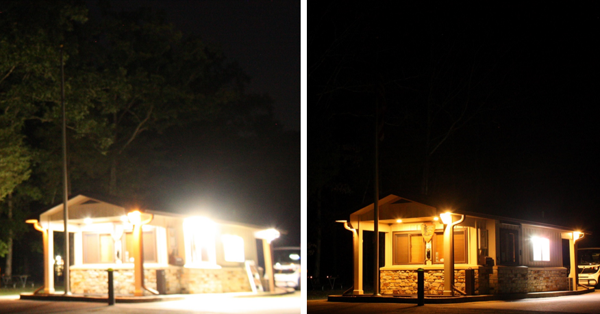 Before and after of outdoor lighting on a building
