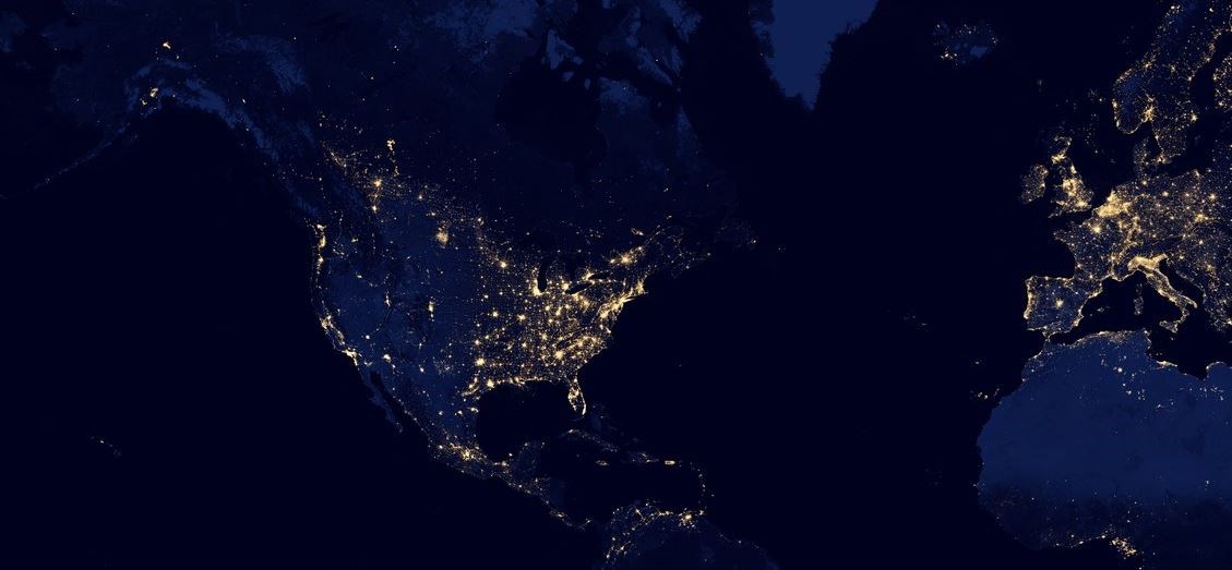 A map of the earth showing light pollution