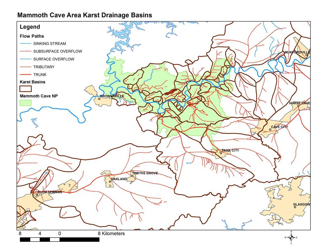 A map showing the watershed around Mammoth Cave National Park. The park is in the center shown in green. It is surrounded by a series of red lines representing streams flowing to the park.