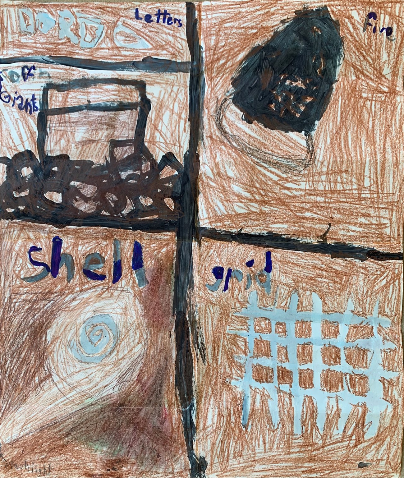 Crayon drawing shows 4 quadrants depicting a door to the cave, an animal, a fossil, and ancient petroglyph.