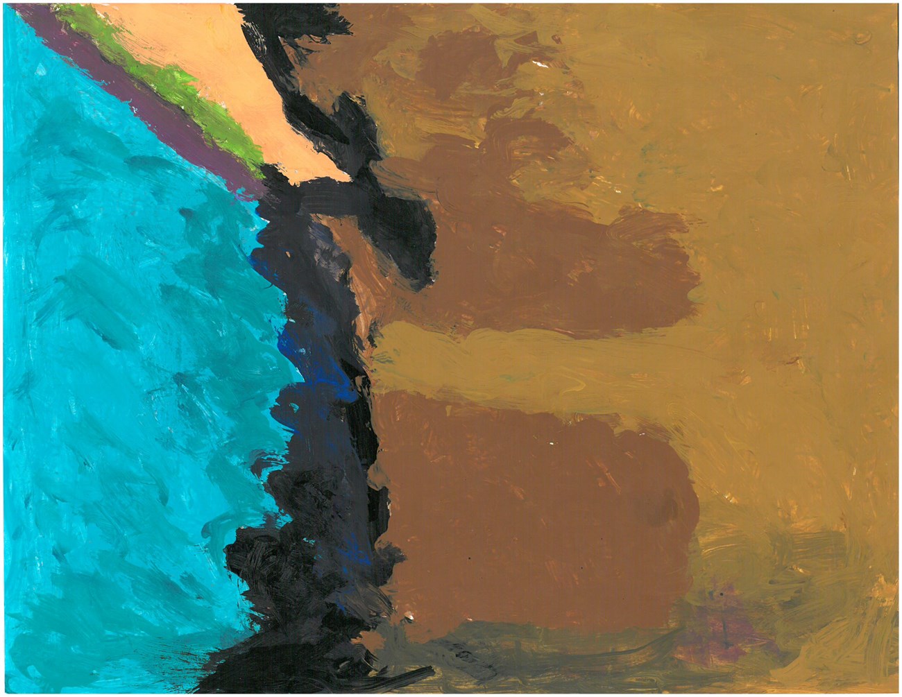 Abstract painting - bright blue meets the left edge, leading to a black jagged line, most of the image is dark and light brown shades on the right side.
