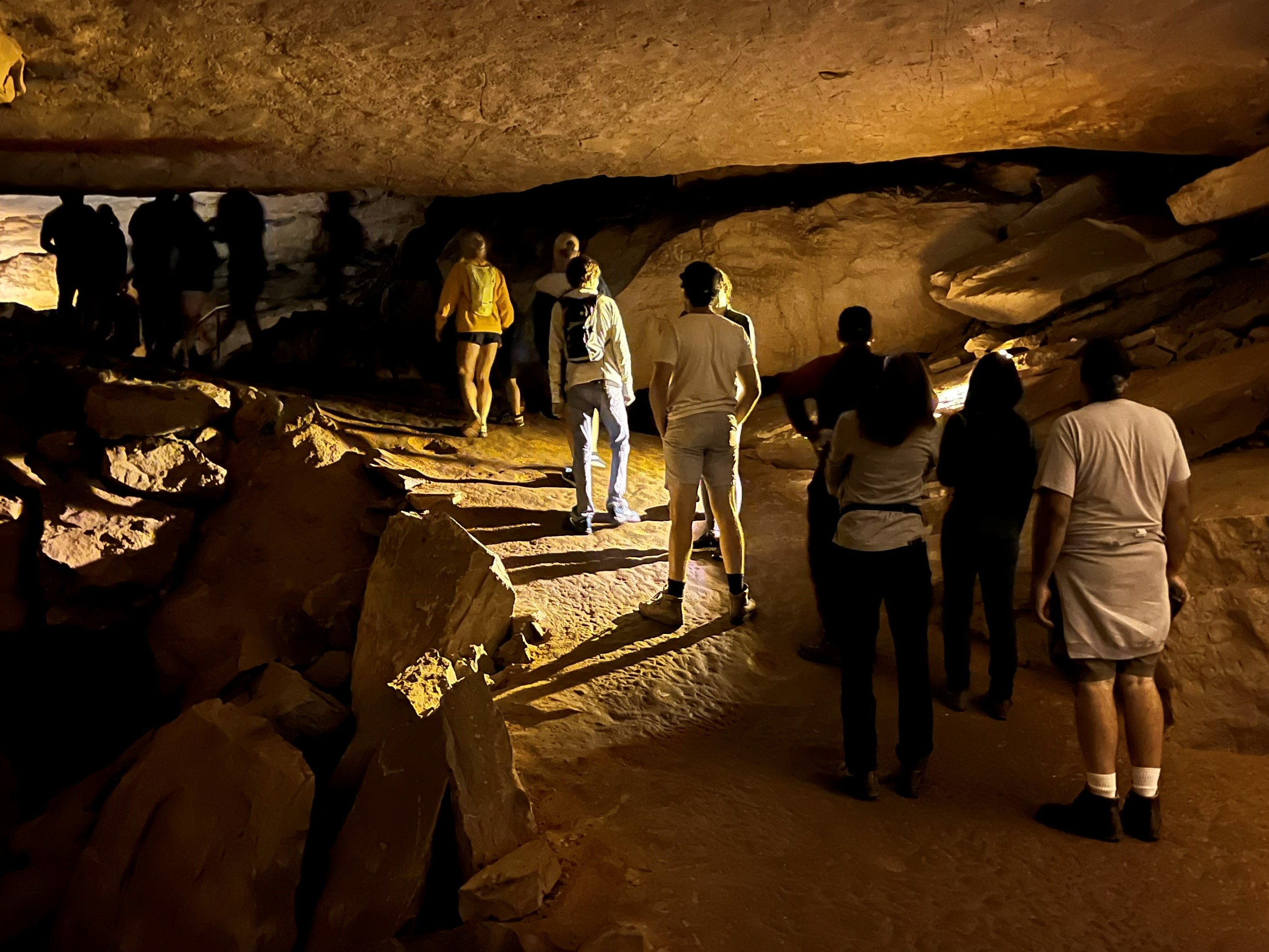 The Cave Trail Rehabilitation Project will repair one mile of cave trail used for popular tours like Domes and Dripstones which highlights the geological formation of Mammoth Cave. A dozen people stand in a line on a bumpy dirt trail in a dimly lit rock cave.