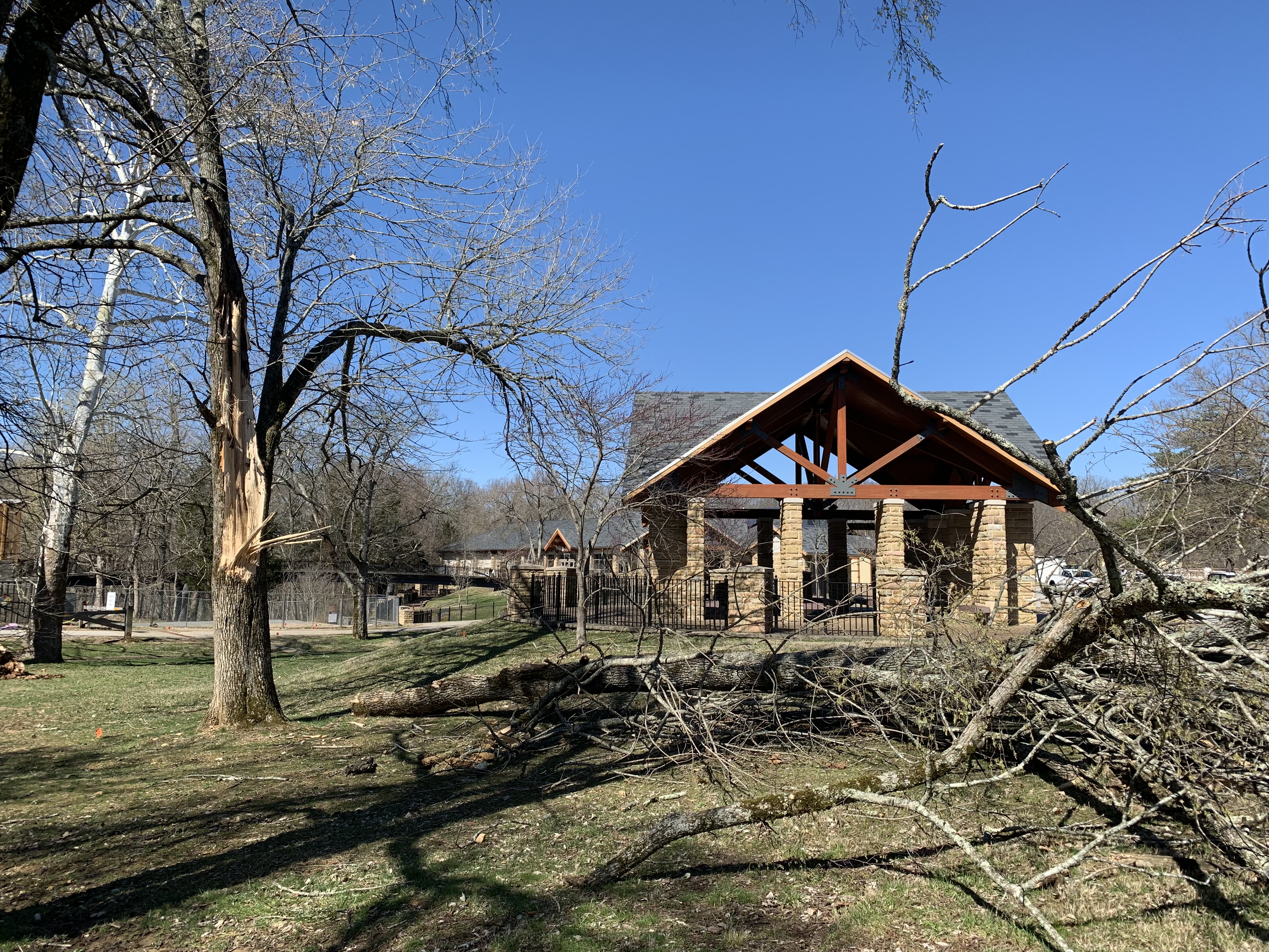 Fallen trees near the Mammoth Cave National Park Visitor Center. A large fallen tree rests on the ground in front of a stone building.
