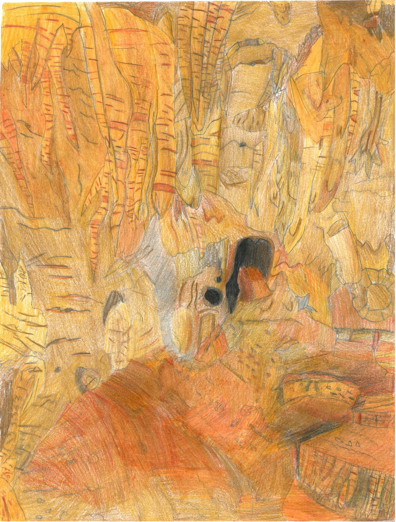 Complex color pencil drawing shows a wall of stalactites and stalagmites in tans, browns, and orange.