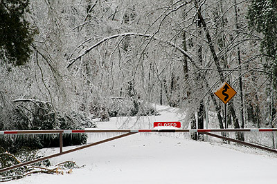 Road in Mammoth Cave National Park closed by ice, snow and fallen trees