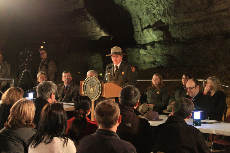 Superintendent Patrick Reed addresses the new citizens inside Mammoth Cave. NPS photo by Jackie Wheet.