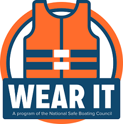 A logo of an orange life jacket with the words wear it.