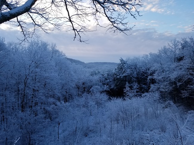 A snowy view of a valley