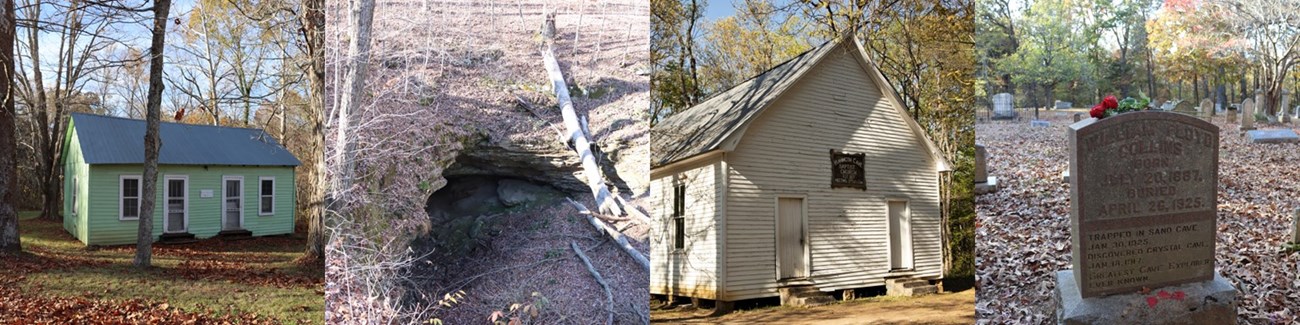 A collage of four images: (1) A small green house (2) A large cave opening beneath a rock bluff (3) A historic church building with white wooden siding, (4) A tan tombstone with text "William Floyd Collins, Born July 20, 1887, Buried April 26, 1925"