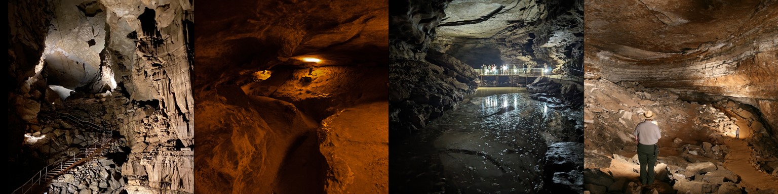 Four scene panel of rocky cave passageways, some dry and some with water, and people exploring along paths inside those rooms.