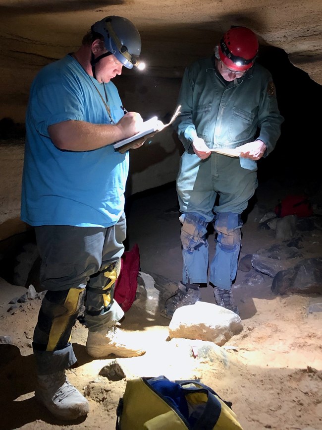 Two people wearing helmets, headlamps, and kneepads stand in a dark rocky cave and write in notepads.