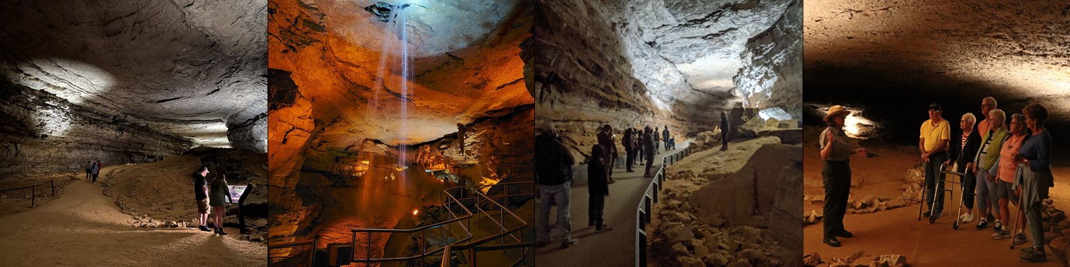 A collage of four photos of people exploring large, illuminated underground cave rooms with rocky walls and pathways