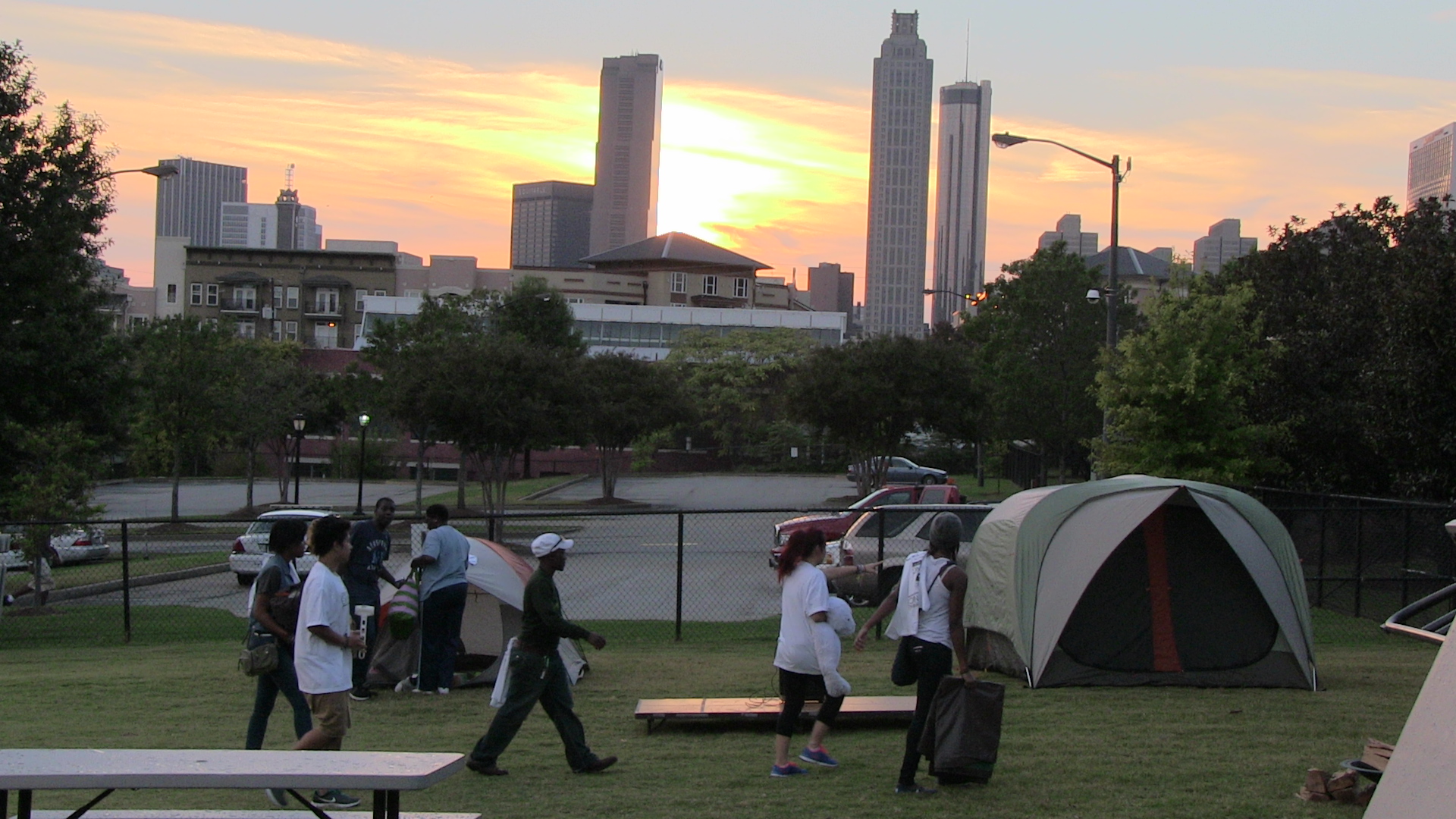 Legacy Campout participants at dusk in the Martin Luther King, Jr. National Historic Site, in Atlanta, Georgia.