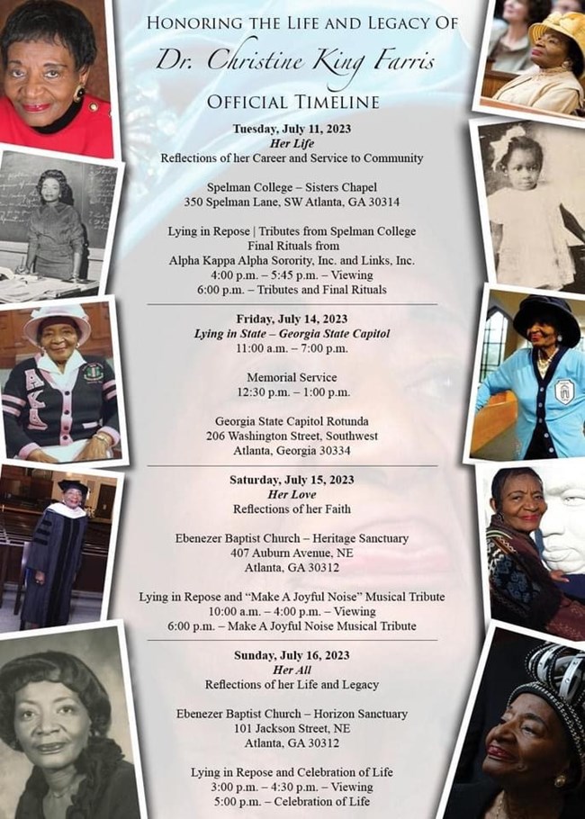 Final viewing and tribute events for Christine King Farris, July 11-16, 2023.