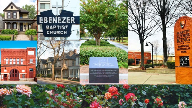 Collage of Photos of the exteriors of historical buildings at the park.