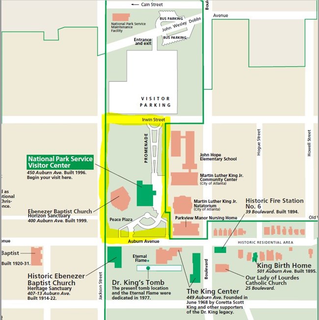 Map of park areas to be closed or restricted during Presidential visit that includes NPS Visitor Center, sidewalks, Peace Plaza, and Promenade walkway.