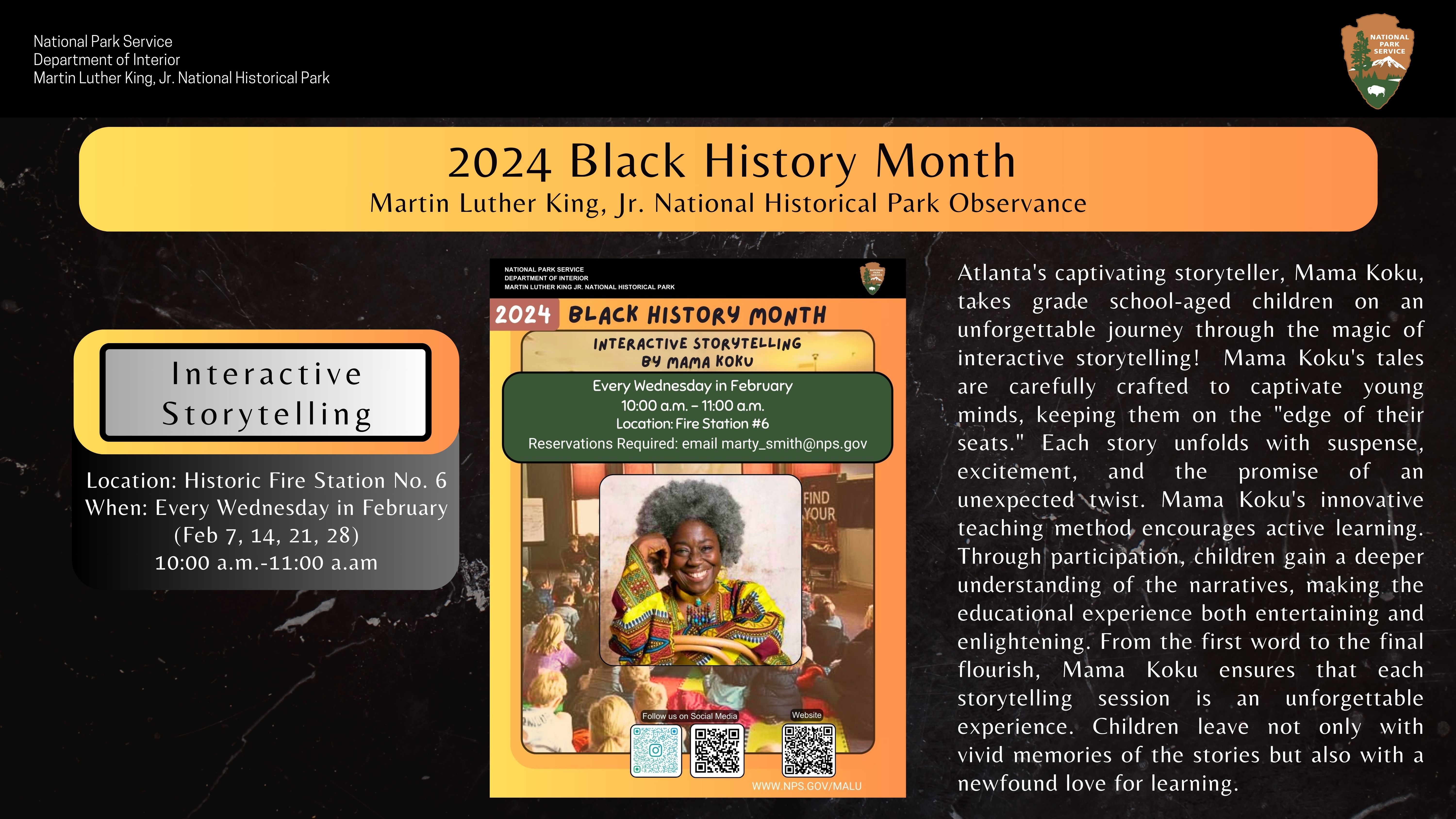 Flyer with information about Storytelling with Mama Koku and a brief Explanation of her background and event.