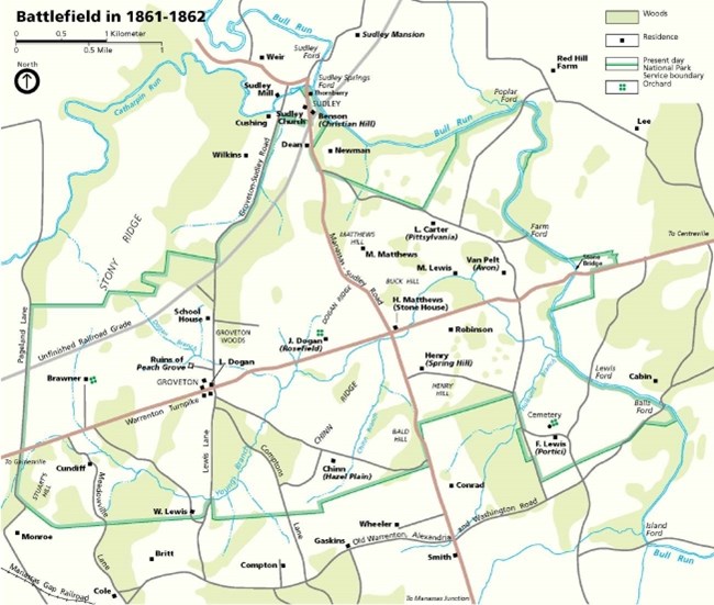 Two-dimensional color map of Civil War-era houses, roads, and wood lots on Manassas Battlefield 1861-62