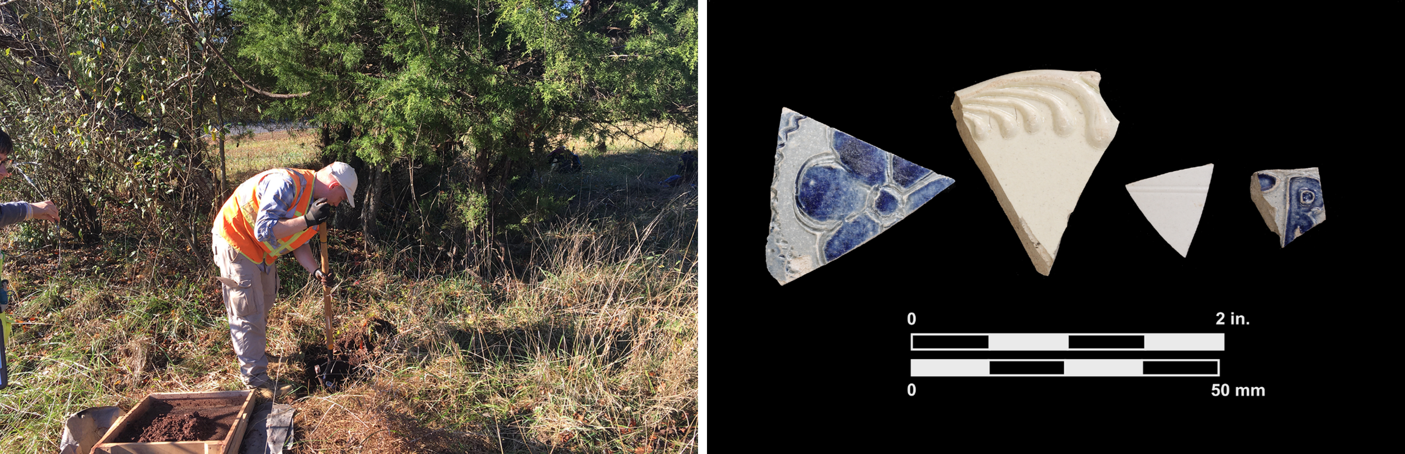 Left: Color photo of person, wearing orange vest, using shovel to dig. Right: Color photo of four small ceramic pieces on black background. The pieces are blue and/or white.