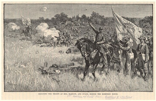 A drawing of an officer on horseback with drawn sword attempting to shout orders to his soldiers, clustered around a flag.
