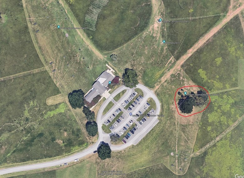 Map of 1st Amendment Area on Henry Hill (Red Line surrounding a grove of Oak Trees South of the Visitor Center)