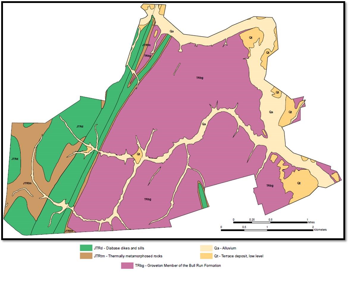 Map of Manassas battlefield showing alluvium and terrace deposits along bull run and low-lying areas, a large area in the center of Bull Run Formation, and streaks of diabase dikes and metamorphic rock on the western edge of the battlefield.