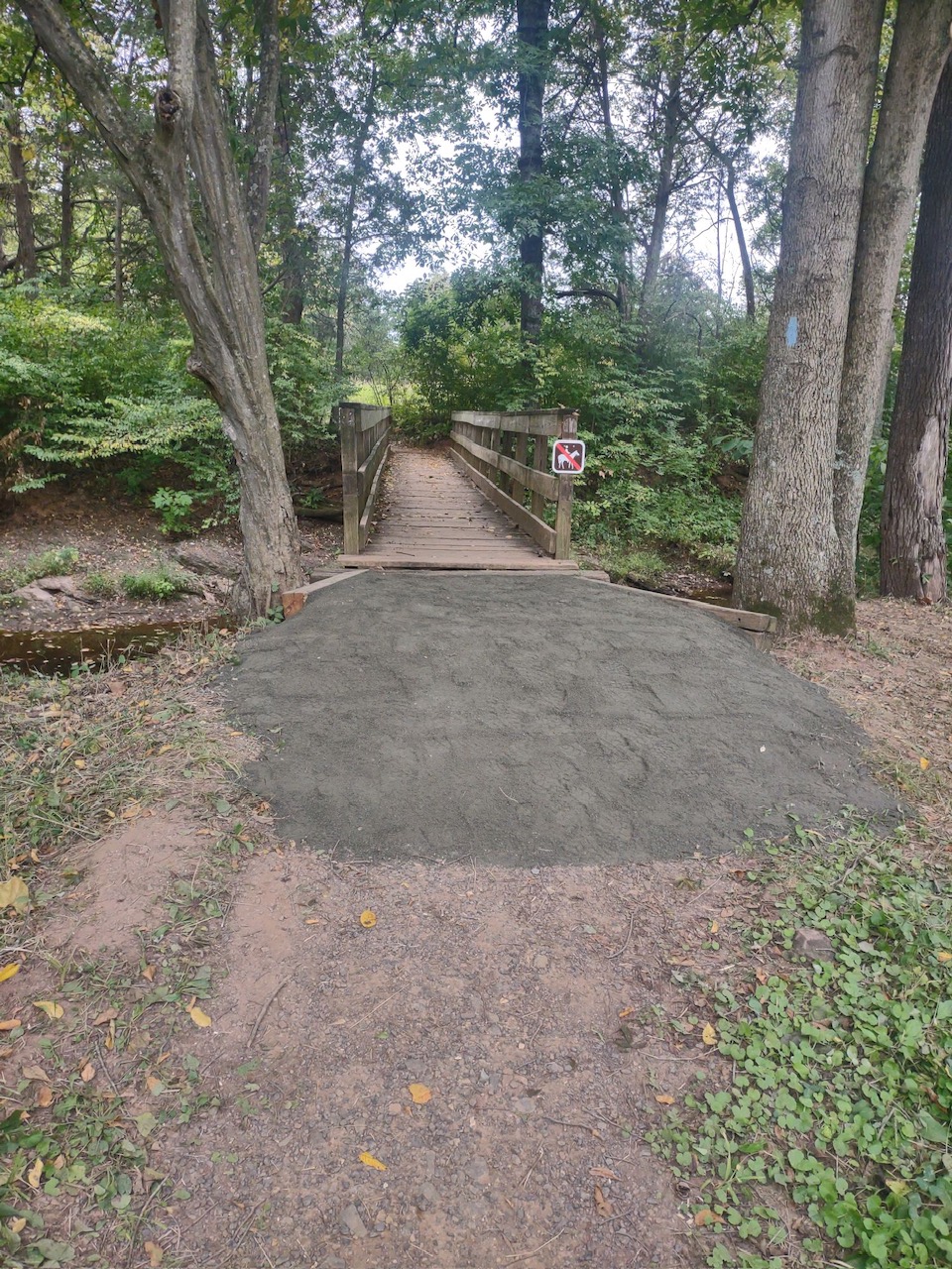 Pedestrial Bride over Young's Branch Reopen A newly built wooden bridge with trail markings over a creek.
